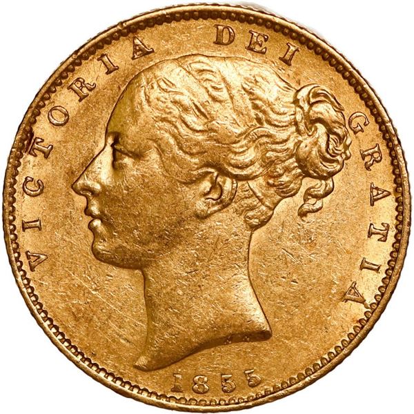 GREAT BRITAIN, London, England, gold sovereign, Victoria (young head), 1855.