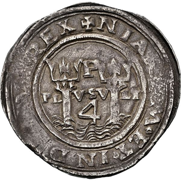 PERU, Lima, 4 reales, Philip II, assayer small R (Rincón) to left, motto PL-VSV-LT, legends HISPA / 