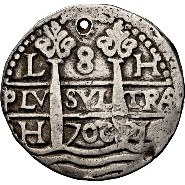 PERU, Lima, cob 8 reales Royal (galano), 1700 H, with Guatemala sun-over-mountains countermark (Type