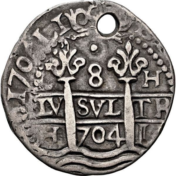 PERU, Lima, cob 8 reales Royal (galano), 1704 H, very rare, NGC VF details / holed, finest and only