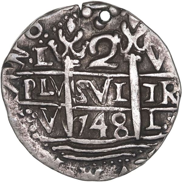 PERU, Lima, cob 2 reales Royal (galano), 1748 V, unique, ex-Ponte, ex-Ortiz, ex-Faistauer.