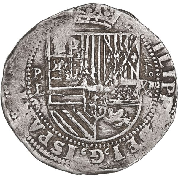 BOLIVIA, Potosí, cob 8 reales, Philip II, assayer L (1st period), denomination o-VIII punched over P