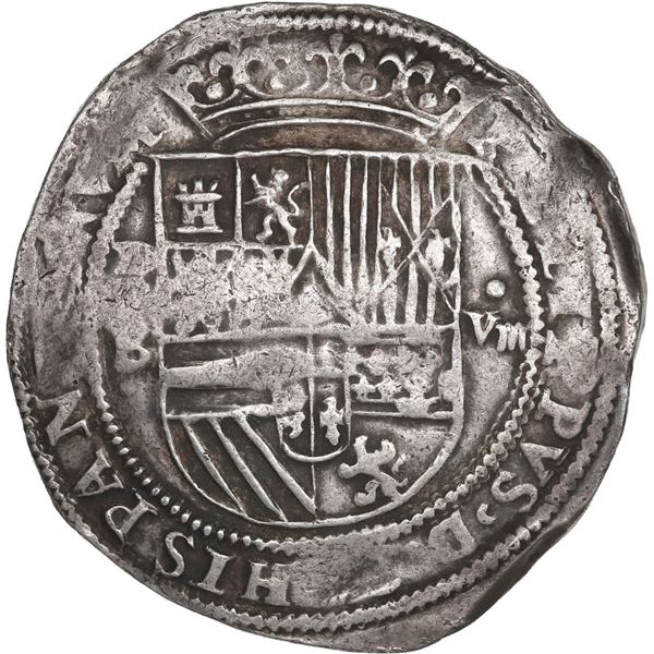 BOLIVIA, Potosí, cob 8 reales, Philip II, assayer B (1st period), "heavy" lions in cross, rare, ex-P