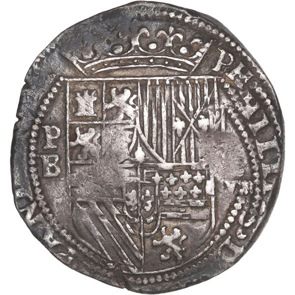 BOLIVIA, Potosí, cob 8 reales, Philip II, assayer B (1st period), "heavy" lions in cross, rare, ex-P