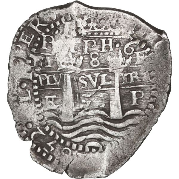 BOLIVIA, Potosí, cob 8 reales, 1652 E, post-transitional (Transitional Type VIII), 1-PH-6 at top.