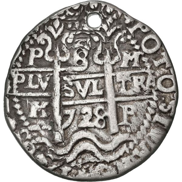 BOLIVIA, Potosí, cob 8 reales Royal (galano), 1728 M, rare, NGC VF details / holed, tooled, finest a