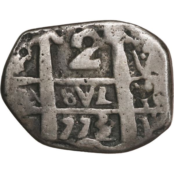 BOLIVIA, Potosí, cob 2 reales, 1773/2 V-Y, V at lower right on pillars side, very rare, ex-Mastalir.