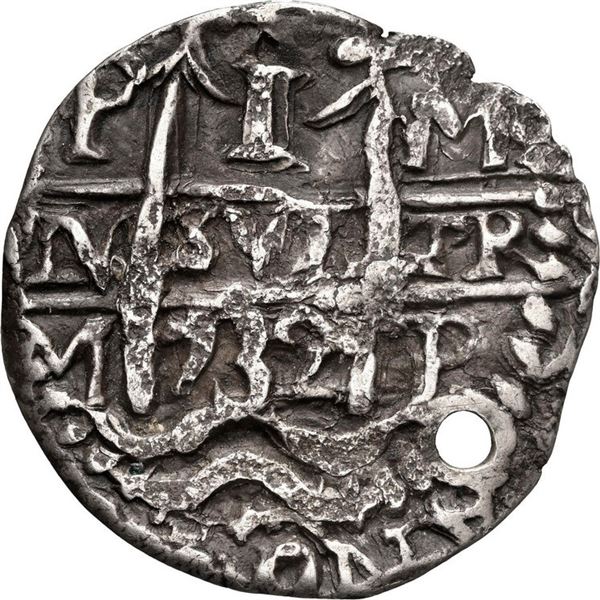 BOLIVIA, Potosí, cob 1 real Royal, 1732 M, very rare, NGC XF details / holed, finest and only exampl