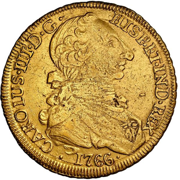 CHILE, Santiago, gold bust 8 escudos, Charles III, 1766 J, final digit in date 6/6 (unique variety),