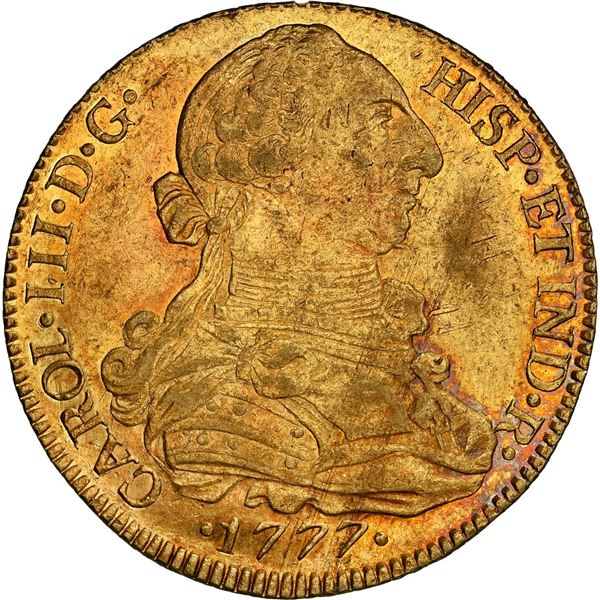 CHILE, Santiago, gold bust 8 escudos, Charles III, 1777 DA, NGC AU 58 (Colección Val y Mexía Label).