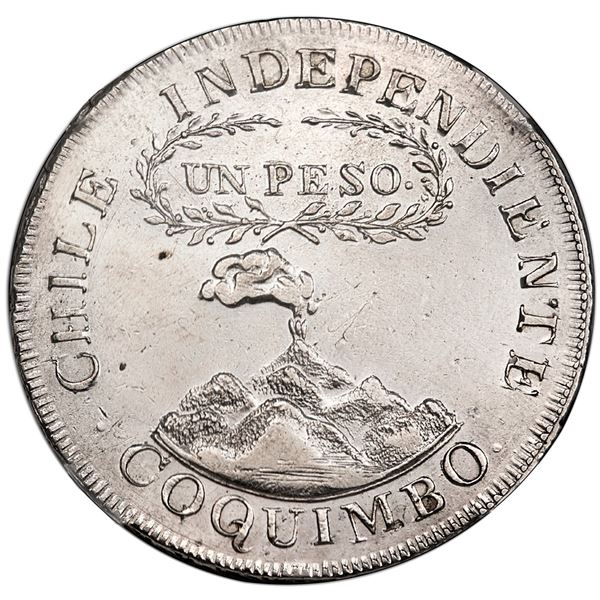 CHILE, Coquimbo, "volcano" peso, 1828 TH, fine type, very rare, NGC AU 50, ex-Vargas.