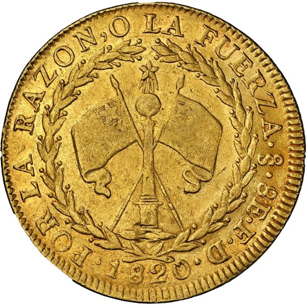 CHILE, Santiago, gold 8 escudos, 1820 FD, NGC AU 53.