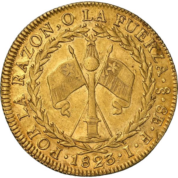CHILE, Santiago, gold 8 escudos, 1823 FI, NGC AU 55.