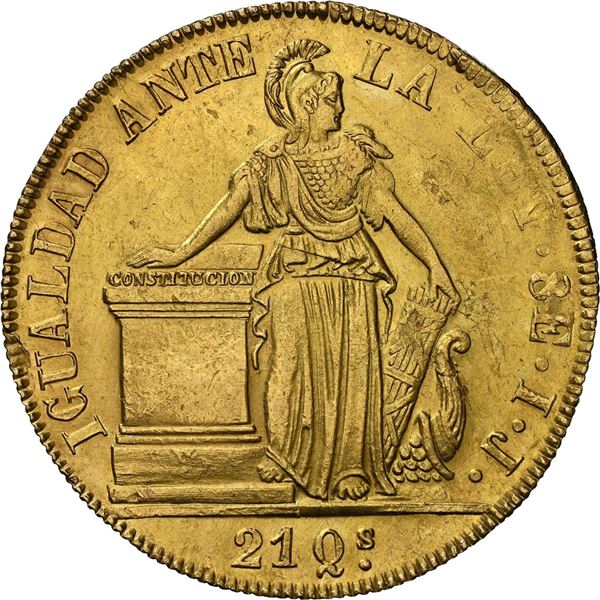 CHILE, Santiago, gold 8 escudos, 1842 IJ, NGC MS 62.