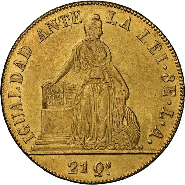 CHILE, Santiago, gold 8 escudos, 1851 LA, ABRIL on edge, NGC MS 61, "top pop."