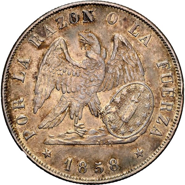 CHILE, Santiago, 1 peso, 1858, NGC AU 55.