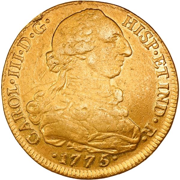 COLOMBIA, Bogotá, gold bust 8 escudos, Charles III, 1775 JJ/VJ, ex-JEAS.
