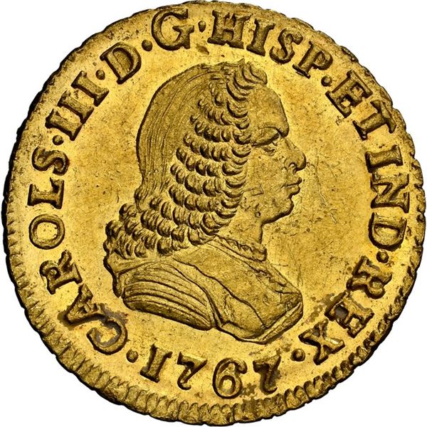 COLOMBIA, Popayán, gold bust 1 escudo, Charles III (bust of Ferdinand VI), 1767 J, NGC UNC details /