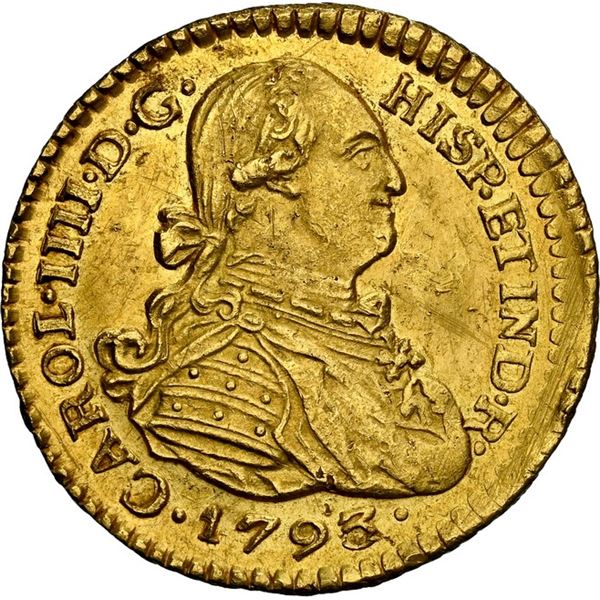 COLOMBIA, Popayán, gold bust 1 escudo, Charles IV, 1793 JF, NGC MS 61, finest known in NGC census, e