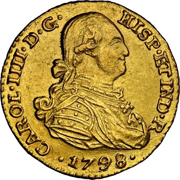 COLOMBIA, Bogotá, gold bust 1 escudo, Charles IV, 1798 JJ, NGC MS 62, finest known in NGC census, ex
