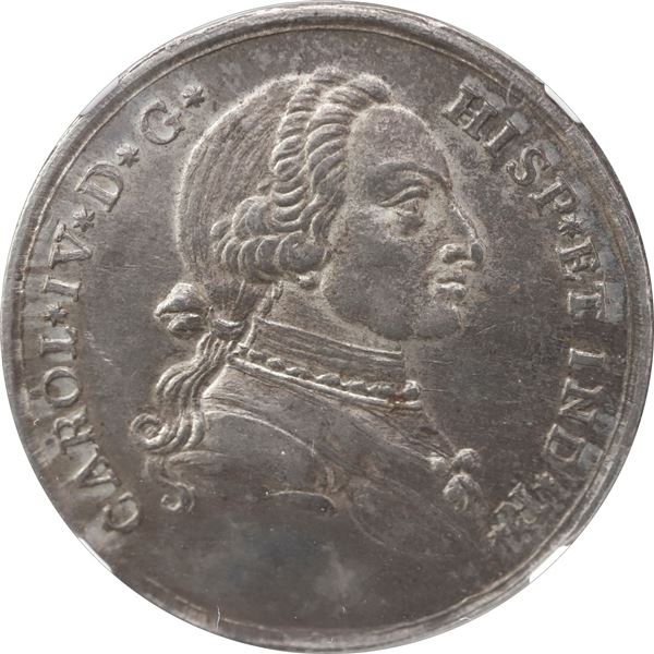 COLOMBIA, 4 reales-sized proclamation medal, Charles IV, 1789, Cartagena de Indias, NGC AU 58, "top 