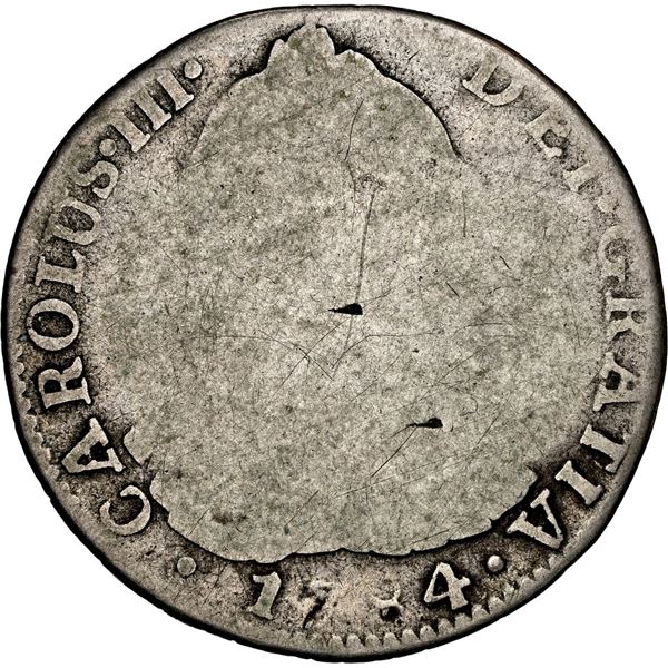 COLOMBIA, Bogotá, bust 2 reales, Charles III, 1784 J•J, no • in mintmark, rare, NG