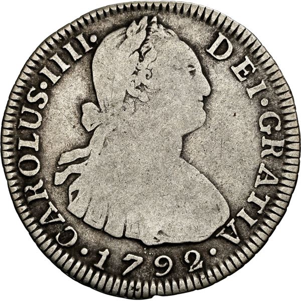 COLOMBIA, Bogotá, bust 2 reales, Charles IV, 1792 J•J, no • in mintmark, rare, NGC
