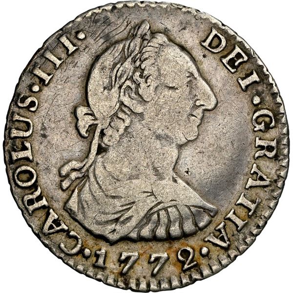 COLOMBIA, Bogotá, bust 1 real, Charles III, 1772 V•J, mintmark N•R, NGC VF 25, ex-