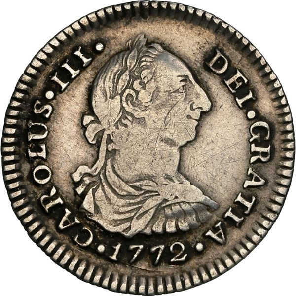COLOMBIA, Popayán, bust 1 real, Charles III, 1772 J•S, NGC VF details / cleaned, ex-Becerra
