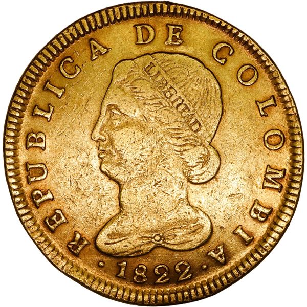 COLOMBIA, Bogotá, gold 8 escudos, 1822 JF, rare, ex-JEAS.