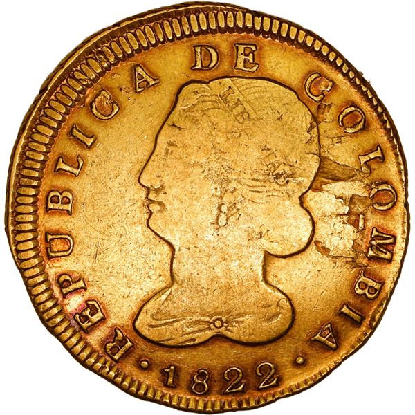 COLOMBIA, Popayán, gold 8 escudos, 1822 FM, rare, ex-JEAS.