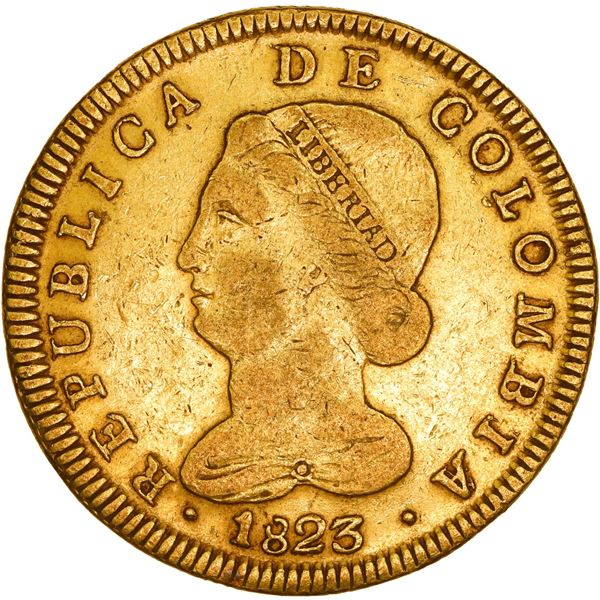 COLOMBIA, Bogotá, gold 8 escudos, 1823 JF, ex-JEAS.