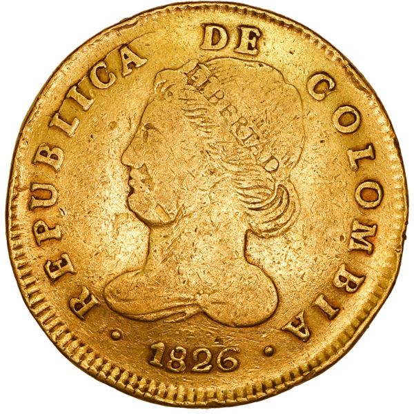 COLOMBIA, Bogotá, gold 4 escudos, 1826 JF, rare, ex-JEAS.