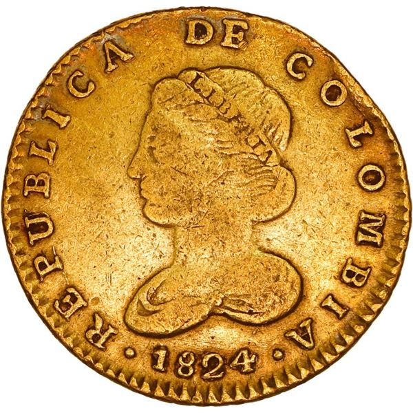 COLOMBIA, Bogotá, gold 2 escudos, 1824 JF, rare, ex-JEAS.