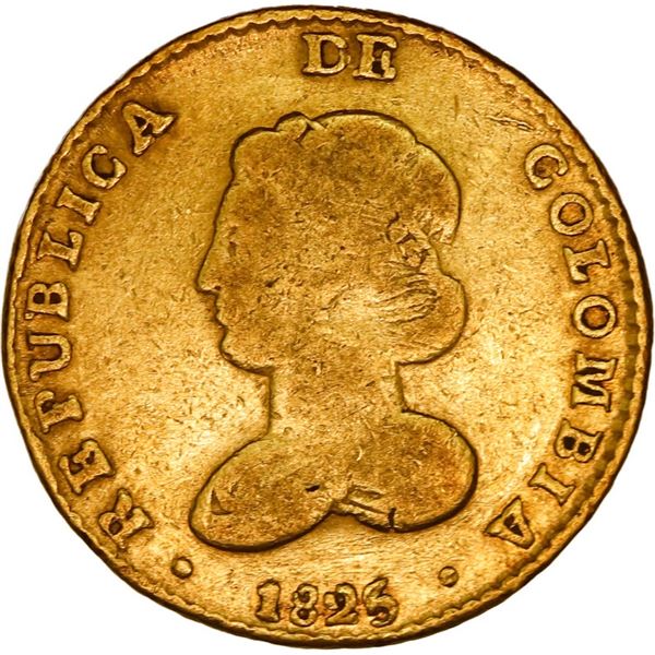 COLOMBIA, Bogotá, gold 2 escudos, 1825/3 JF, unique, ex-JEAS, Restrepo Plate.