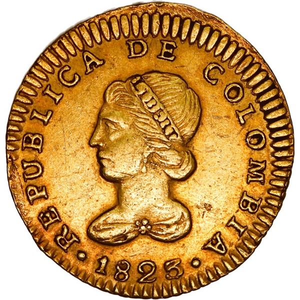 COLOMBIA, Bogotá, gold 1 escudo, 1823 JF, 1/S in denomination, very rare, ex-JEAS.
