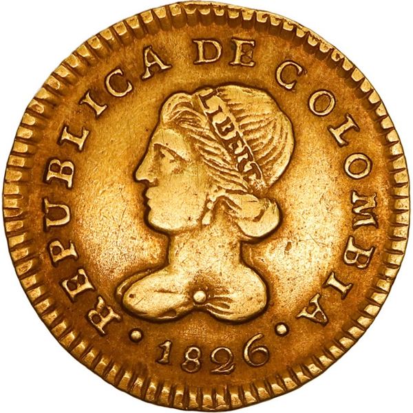 COLOMBIA, Popayán, gold 1 escudo, 1826 FM, F for E in denomination, ex-JEAS.
