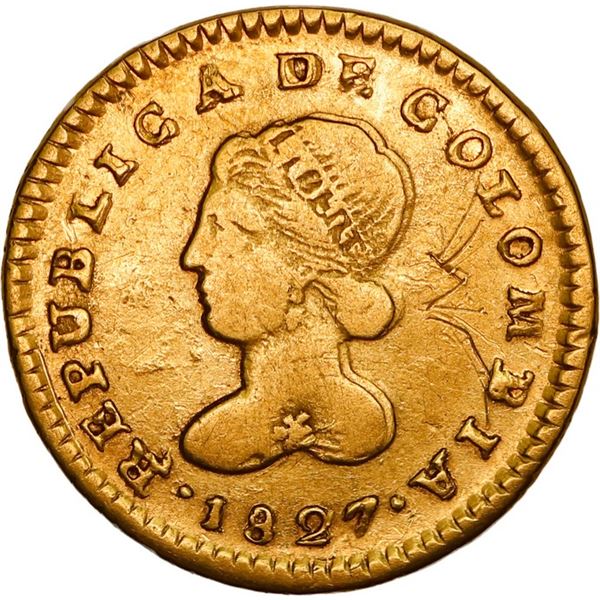 COLOMBIA, Popayán, gold 1 escudo, 1827 RU, doubled-die obverse, ex-JEAS.