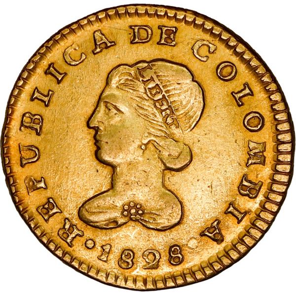 COLOMBIA, Popayán, gold 1 escudo, 1828 RU/FM, NGC AU details / cleaned, ex-JEAS.