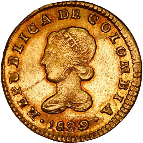 COLOMBIA, Popayán, gold 1 escudo, 1829 RU/M, ex-JEAS.