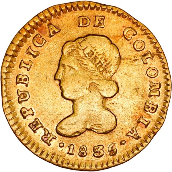 COLOMBIA, Popayán, gold 1 escudo, 1835 RU, rare, ex-JEAS.