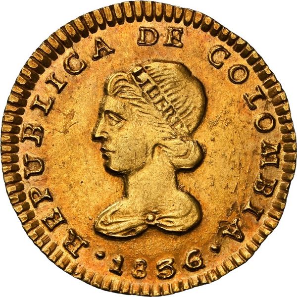 COLOMBIA, Popayán, gold 1 escudo, 1836/4 RU, rare, NGC MS 61, ex-JEAS.