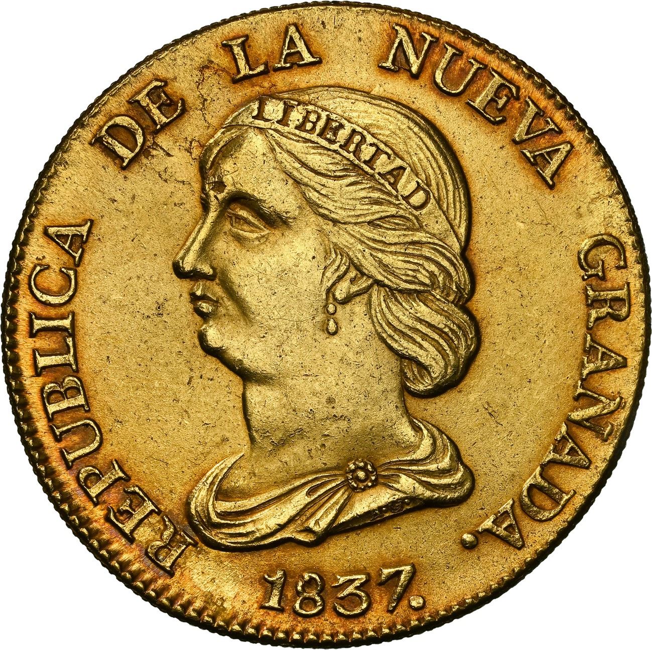 COLOMBIA, Bogotá, gold 16 pesos, 1837 RS, NGC MS 63, finest known in ...