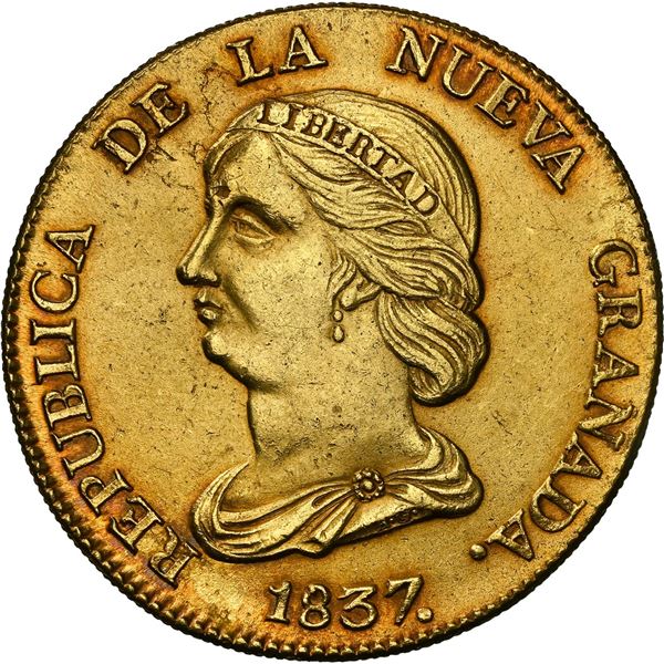 COLOMBIA, Bogotá, gold 16 pesos, 1837 RS, NGC MS 63, finest known in NGC census, ex-JEAS.
