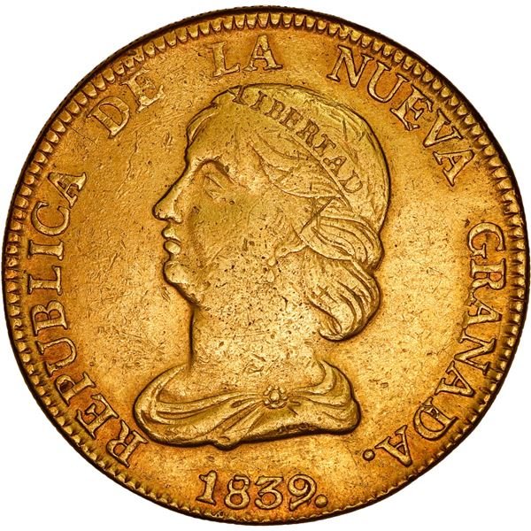 COLOMBIA, Bogotá, gold 16 pesos, 1839/8 RS, ex-JEAS.