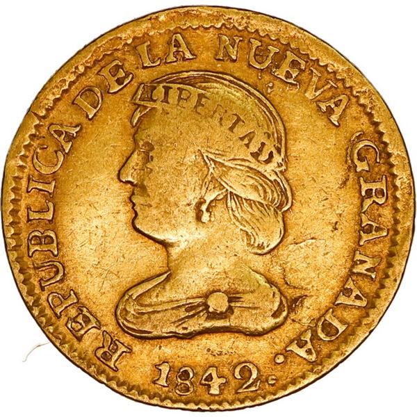 COLOMBIA, Popayán, gold 2 pesos, 1842 UM/VU, rare, ex-JEAS.