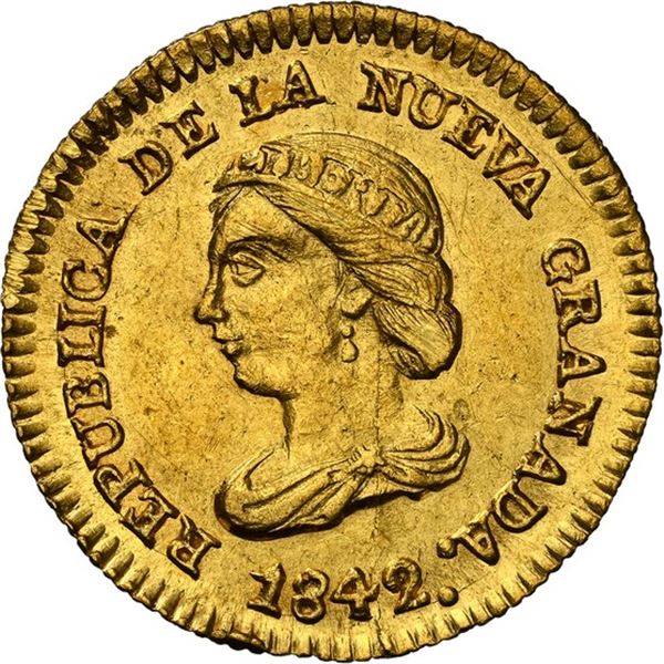 COLOMBIA, Bogotá, gold 1 peso, 1842 RS, NGC UNC details / rev spot removed, ex-JEAS.