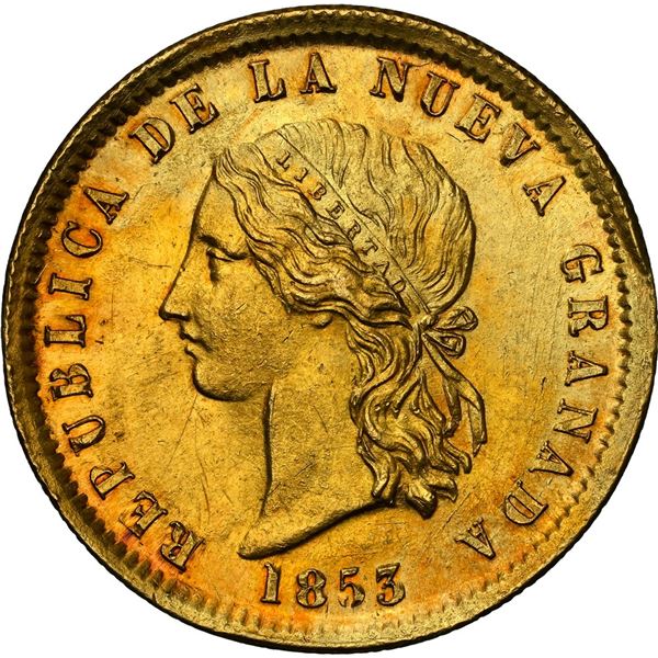 COLOMBIA, Popayán, gold (10 pesos), 1853, NGC MS 63, ex-JEAS.