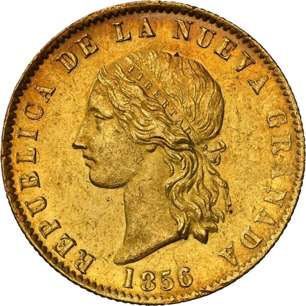 COLOMBIA, Bogotá, gold (10 pesos), 1856/5, rare, NGC MS 62, finest known in NGC census, ex-JEAS.