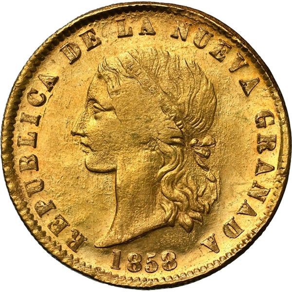COLOMBIA, Popayán, gold 10 pesos, 1858, NGC MS 64, ex-JEAS.